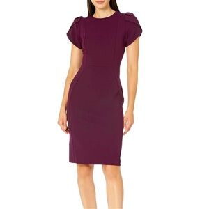 Calvin Klein Burgundy Midi Sheath Dress Tulip Sleeve